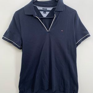 Tommy Hilfiger V Neck Top Women’s Size Large Collared Shirt Blue Short Sleeve